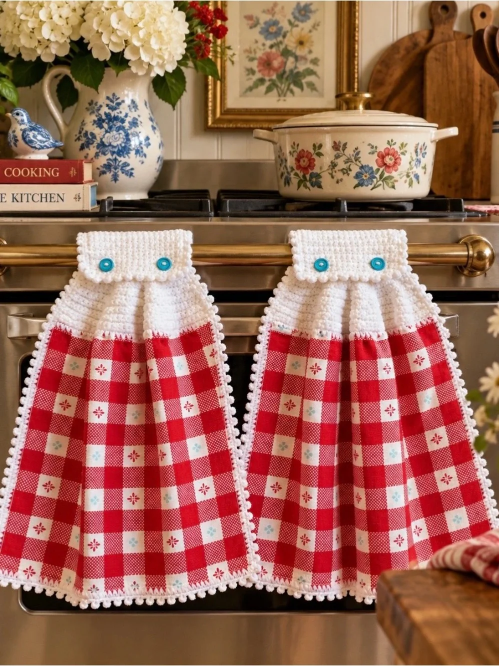 Pioneer Woman Crochet Hanging Kitchen Towels Pair Red Check